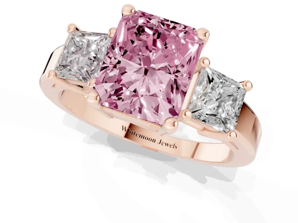 Fancy Pink Three-Stone Radiant Cut Cut Solitaire Ring with Prong Setting Rose gold