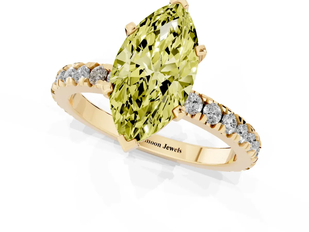 Fancy Yellow Marquise Cut Diamond Pavé Band Solitaire with Four-Prong Setting Yellow gold