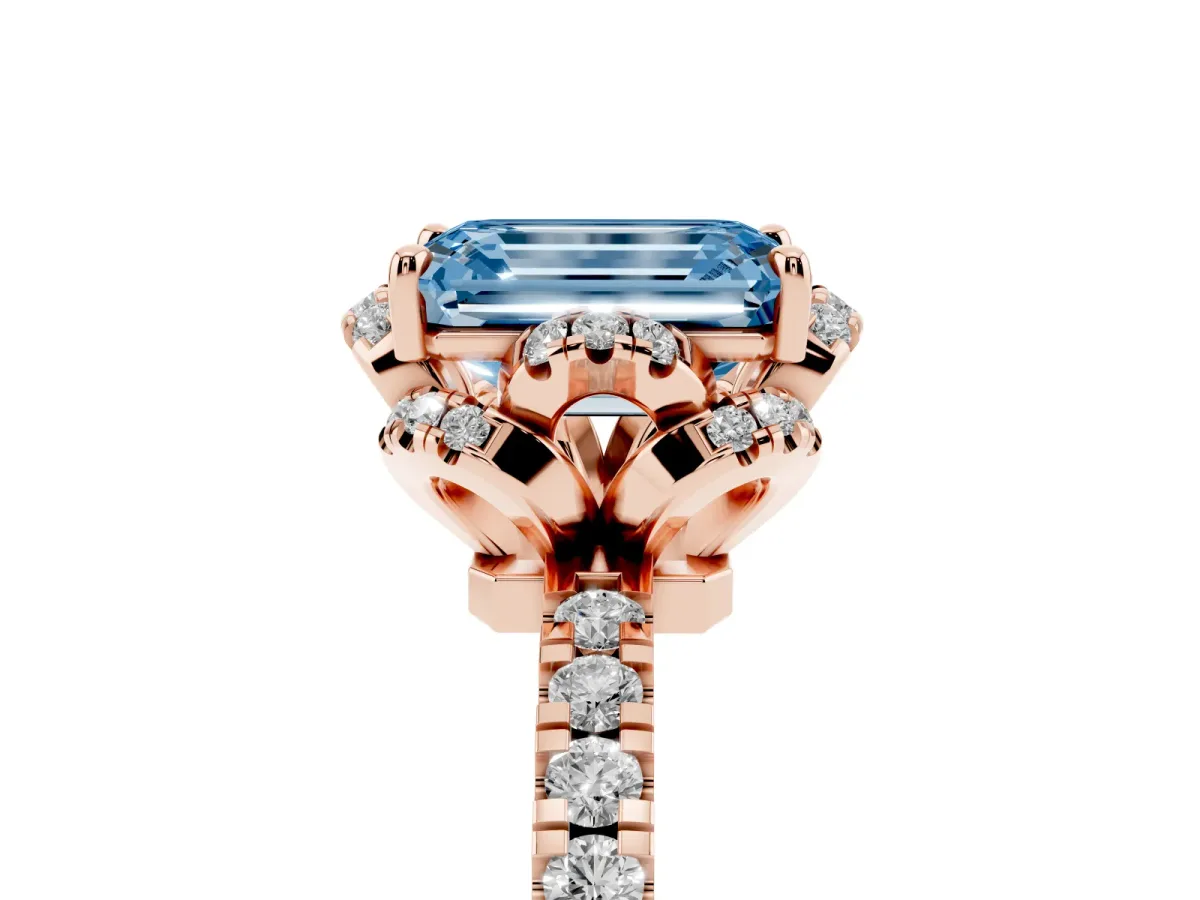 Fancy Blue Emerald Cut Diamond Halo Pave Band with Four-Prong Setting Rose gold