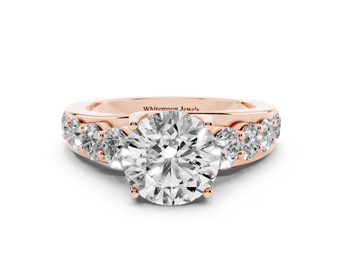 Round Cut Diamond Engagement Ring with Pavé Band and Four-Prong Setting Rose gold