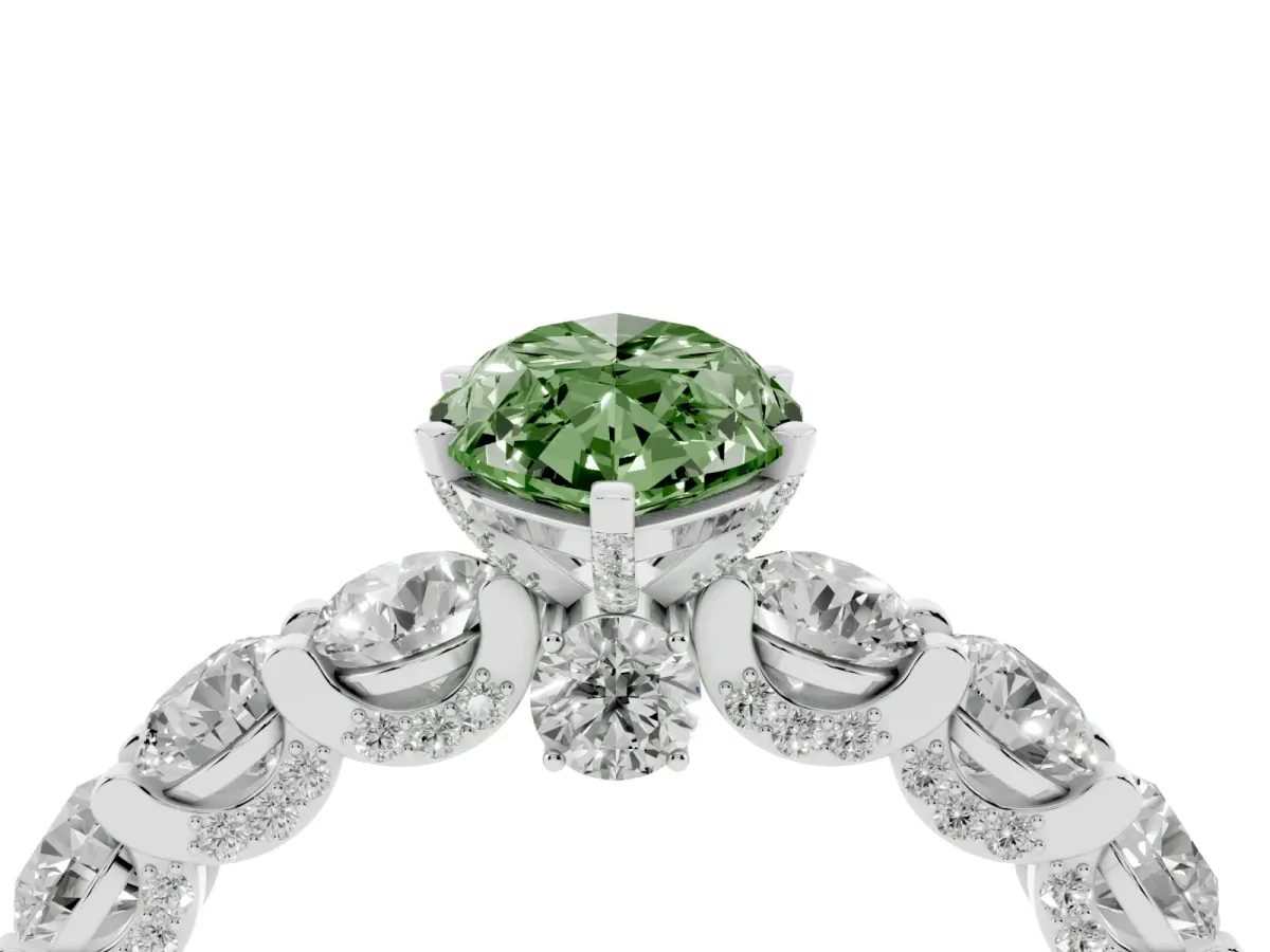 Fancy Green Marquise Cut Diamond Side Stone Engagement Ring with Four-Prong Setting White gold