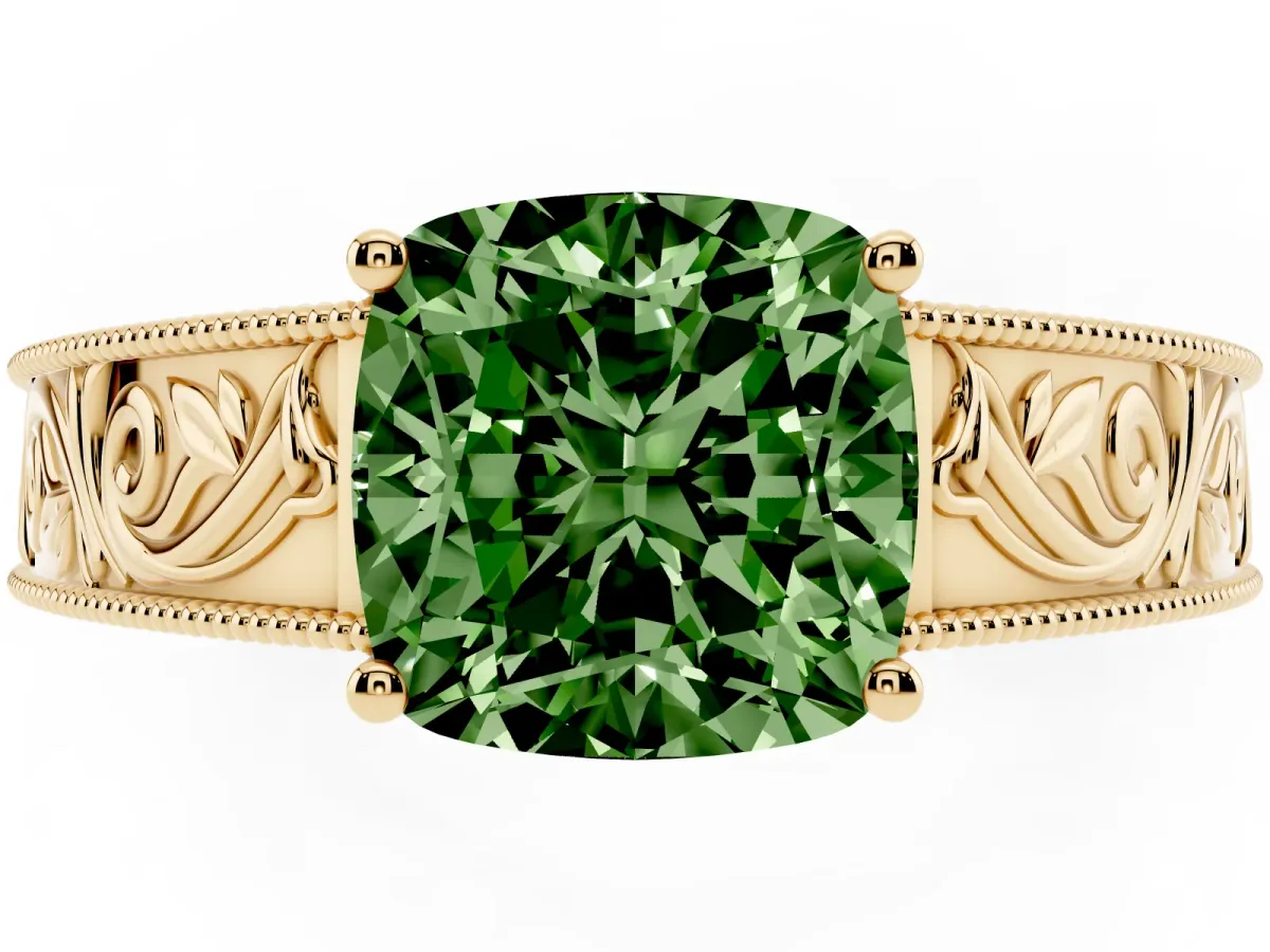 Fancy Green Cushion Cut Diamond Solitaire Ring with Engraved Band and Four-Prong Setting Yellow gold