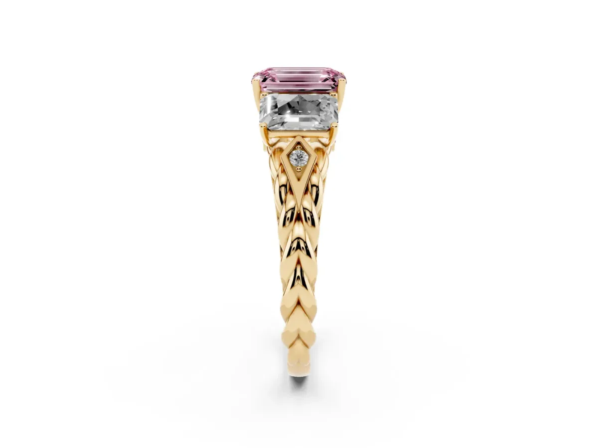 Fancy Pink Three-Stone Emerald Cut Diamond Braided Band Ring with Four-Prong Setting Yellow gold