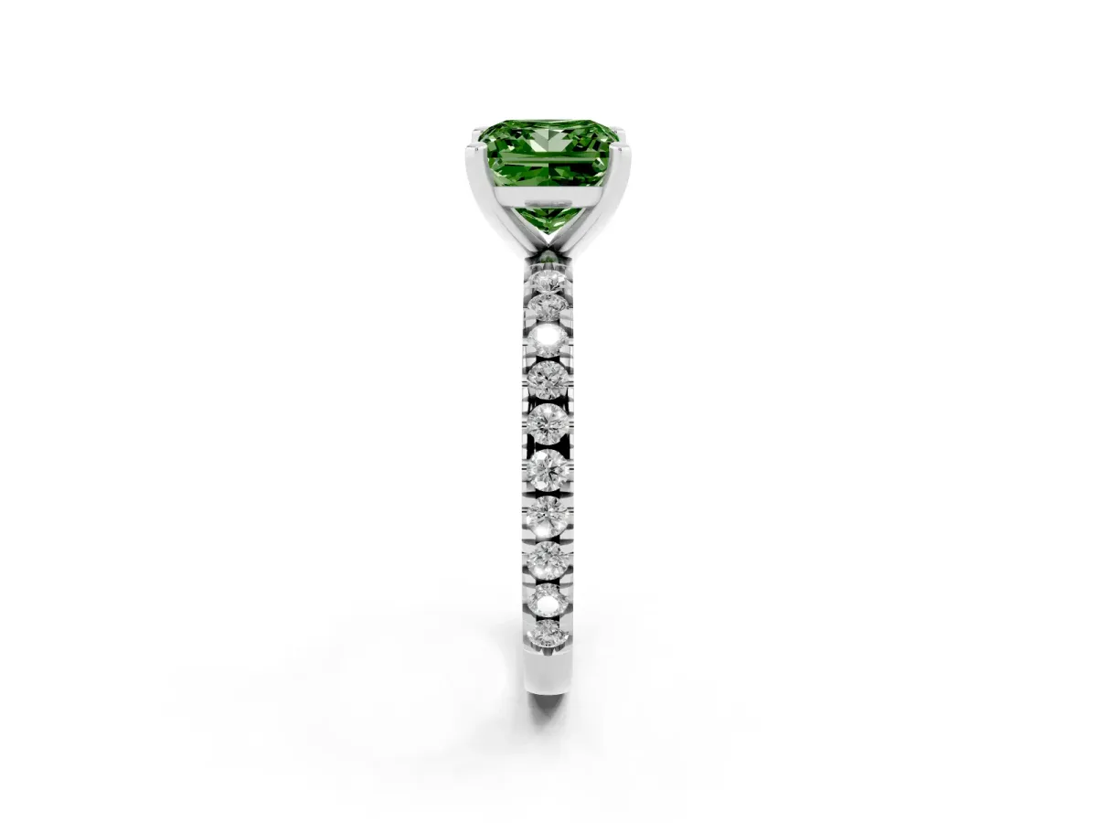 Fancy Green Princess Cut Diamond Pavé Band Solitaire with Four-Prong Setting Silver