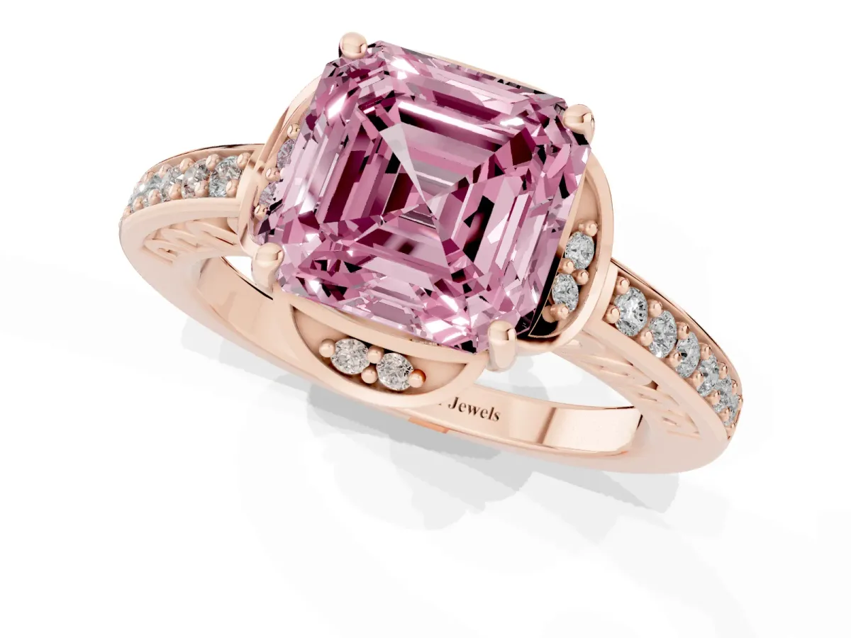 Fancy Pink Asscher Cut Cut Halo Diamond Ring with Channel Set Band and Four-Prong Setting Rose gold