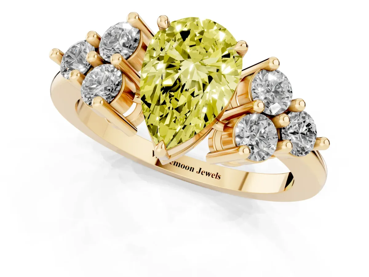 Fancy Yellow Pear Cut Brilliant Diamond Cluster Accent Solitaire Ring with Prong Setting Yellow gold