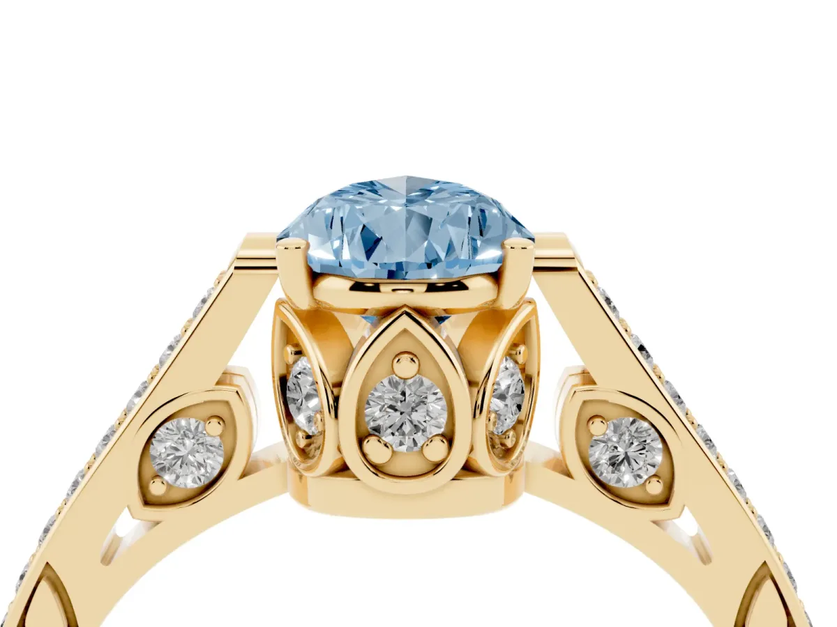 Fancy Blue Pear Cut Cut Cathedral Pave Diamond Engagement Ring with Six-Prong Setting Yellow gold