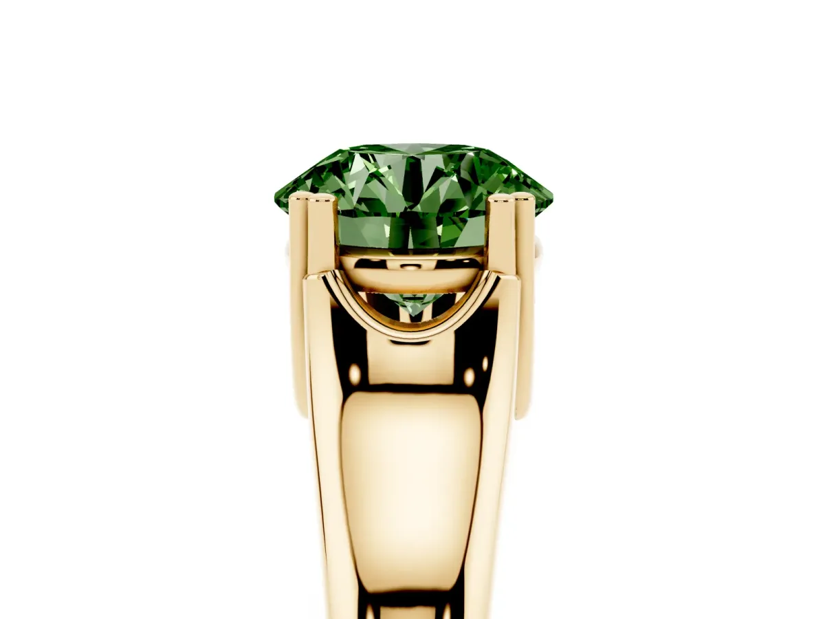 Fancy Green Round Cut Diamond Solitaire Ring with Wide Band and Prong Setting Yellow gold