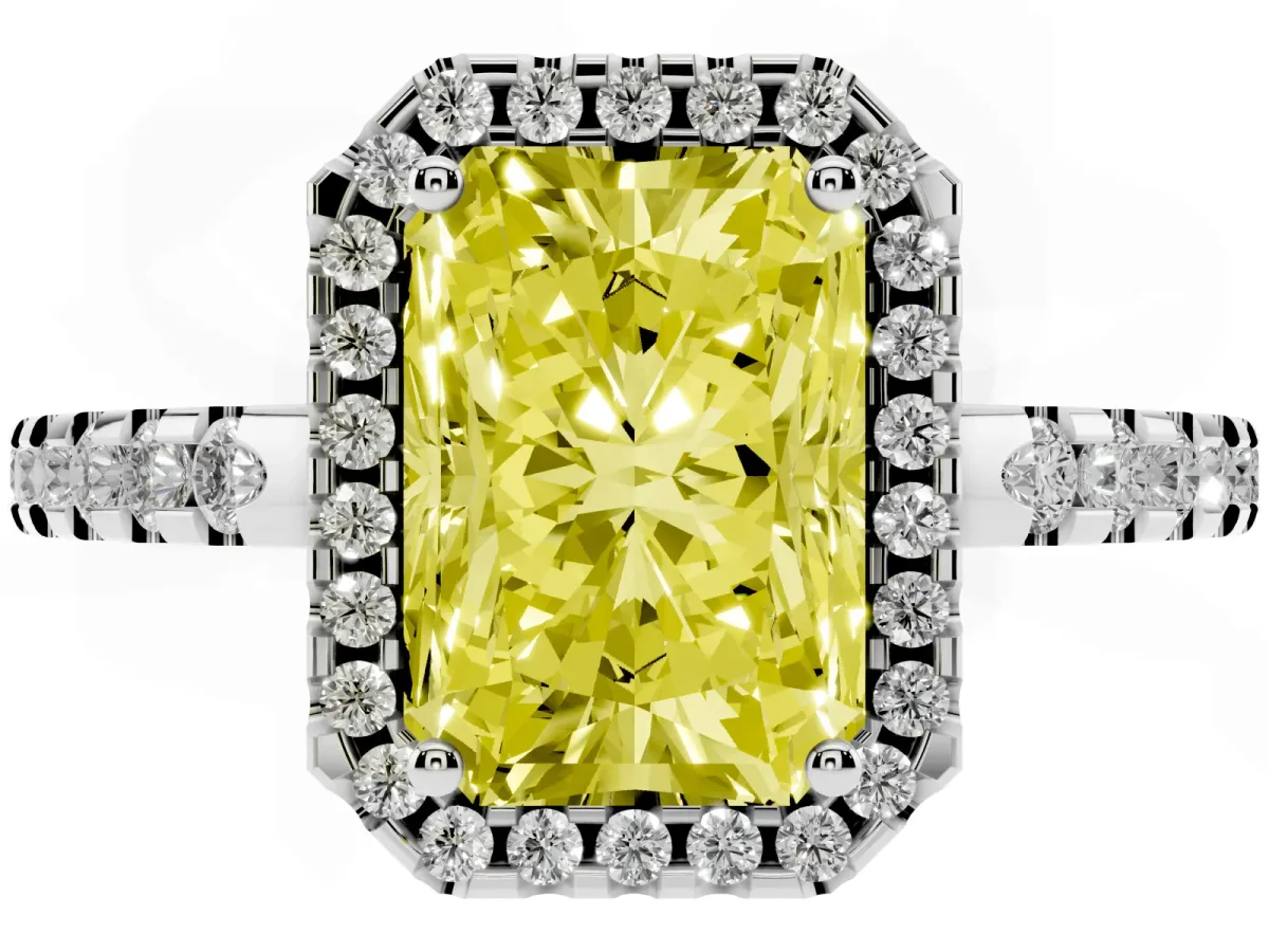 Fancy Yellow Radiant Cut Diamond Halo Engagement Ring with Pavé Band and Prong Setting Silver