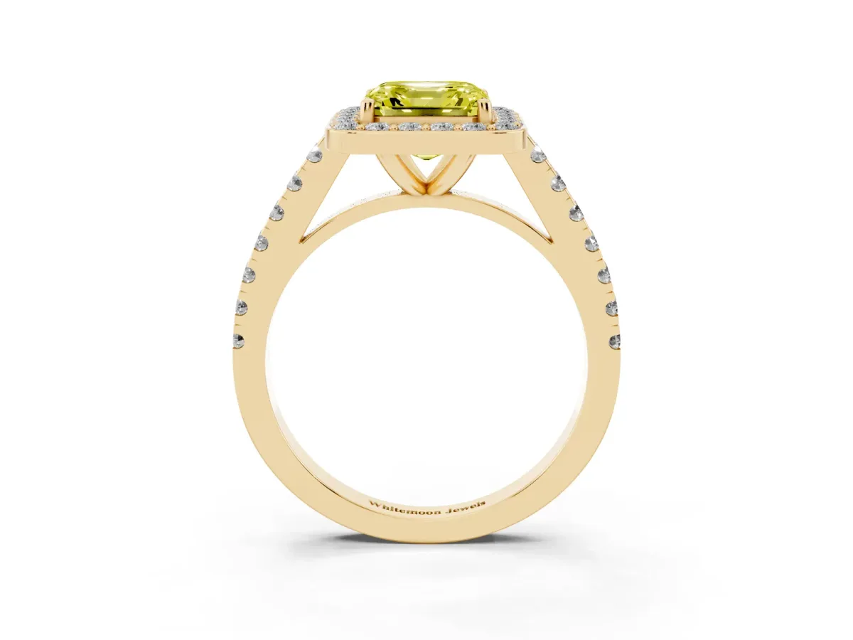 Fancy Yellow Asscher Cut Diamond Halo Ring with Round Pavé Split Shank and Prong Setting Yellow gold