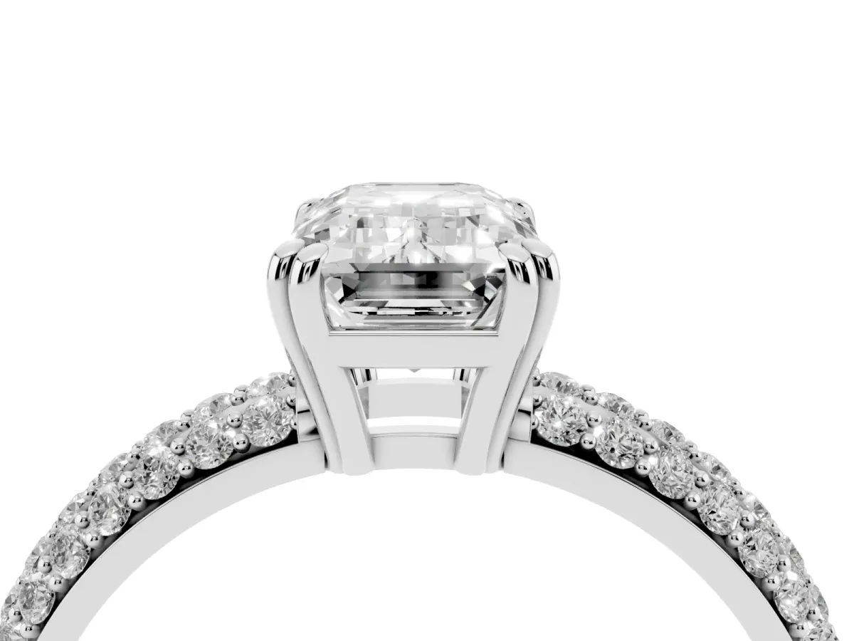 Emerald Cut Diamond Solitaire Ring with Multi-Row Round Pavé Band and Prong Setting Silver