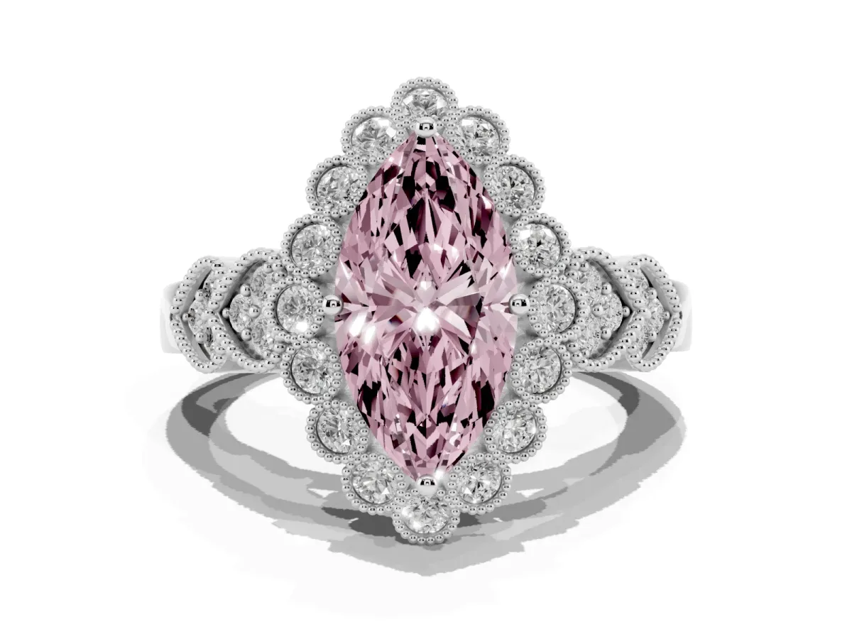 Fancy Pink Marquise Cut Brilliant Milgrain Pave Heart Band Solitaire Ring Silver
