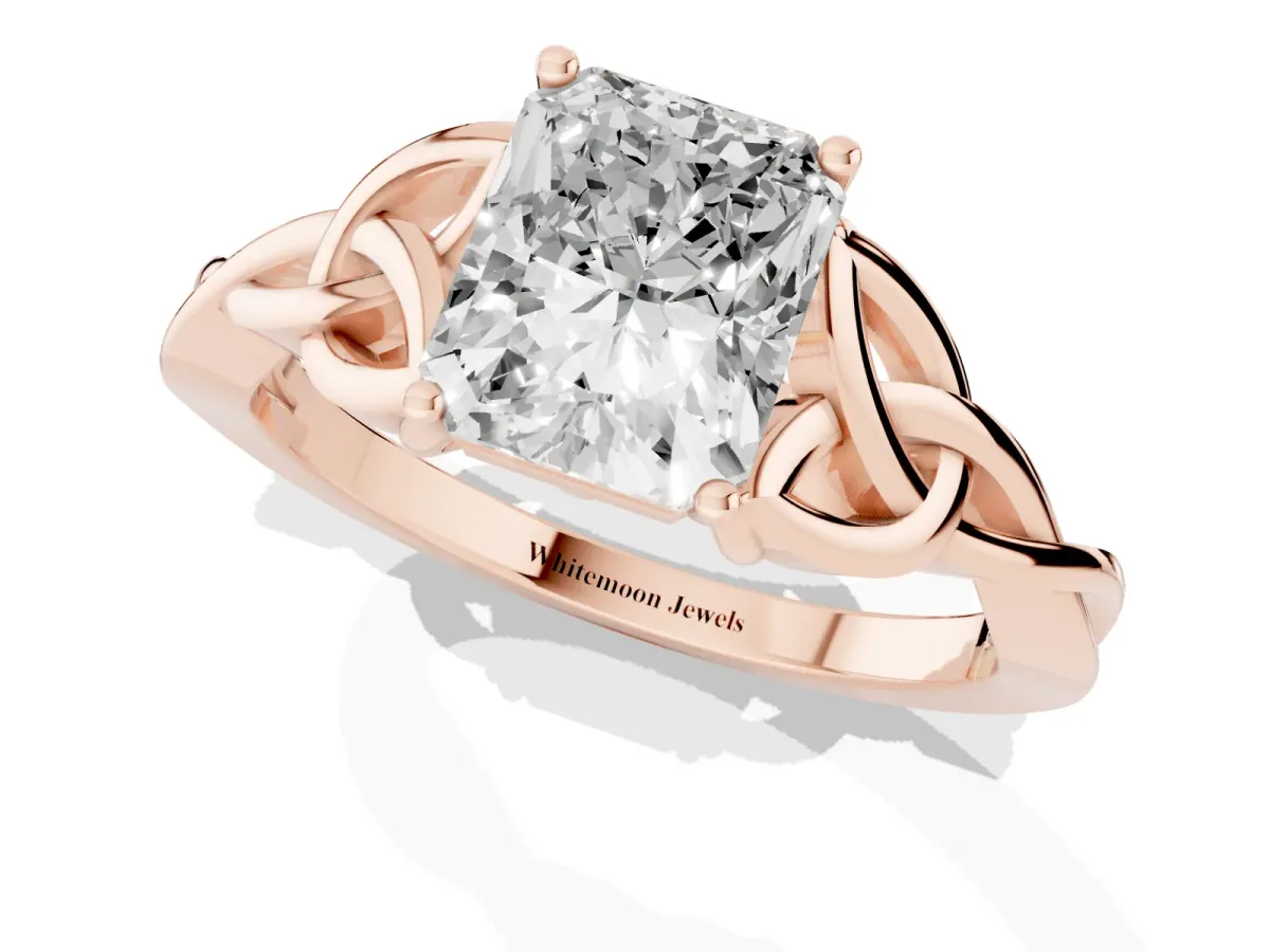Radiant Cut Diamond Solitaire Engagement Ring with Celtic Knot Band and Four-Prong Setting Rose gold