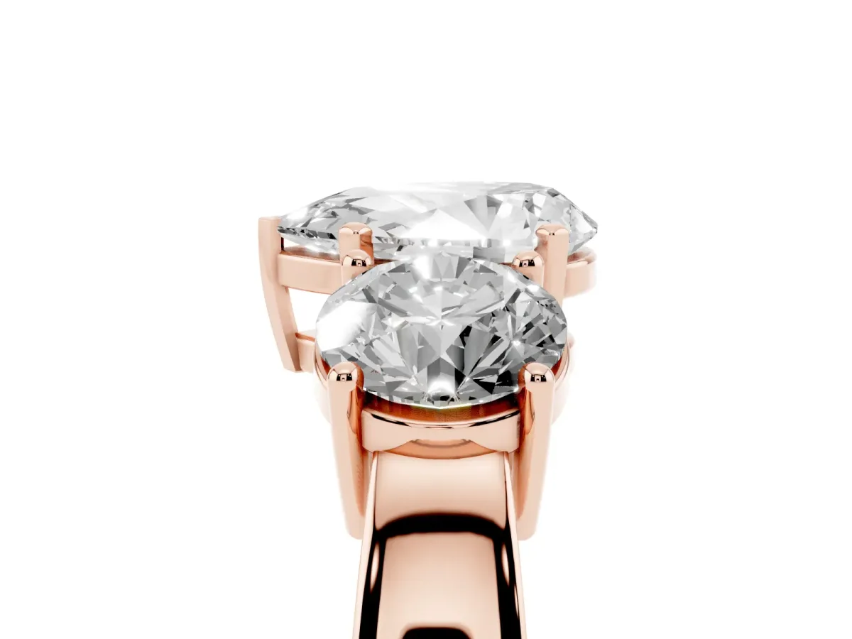 Three-Stone Pear Cut Diamond Ring with Round Side Stones, Classic Band, and Four-Prong Setting Rose gold