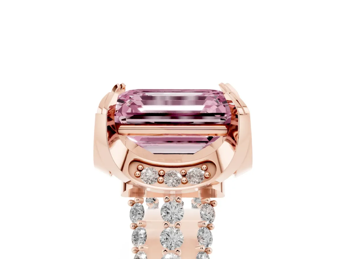 Fancy Pink Emerald Cut Solitaire Pave Split Shank Ring with Four-Prong Setting Rose gold