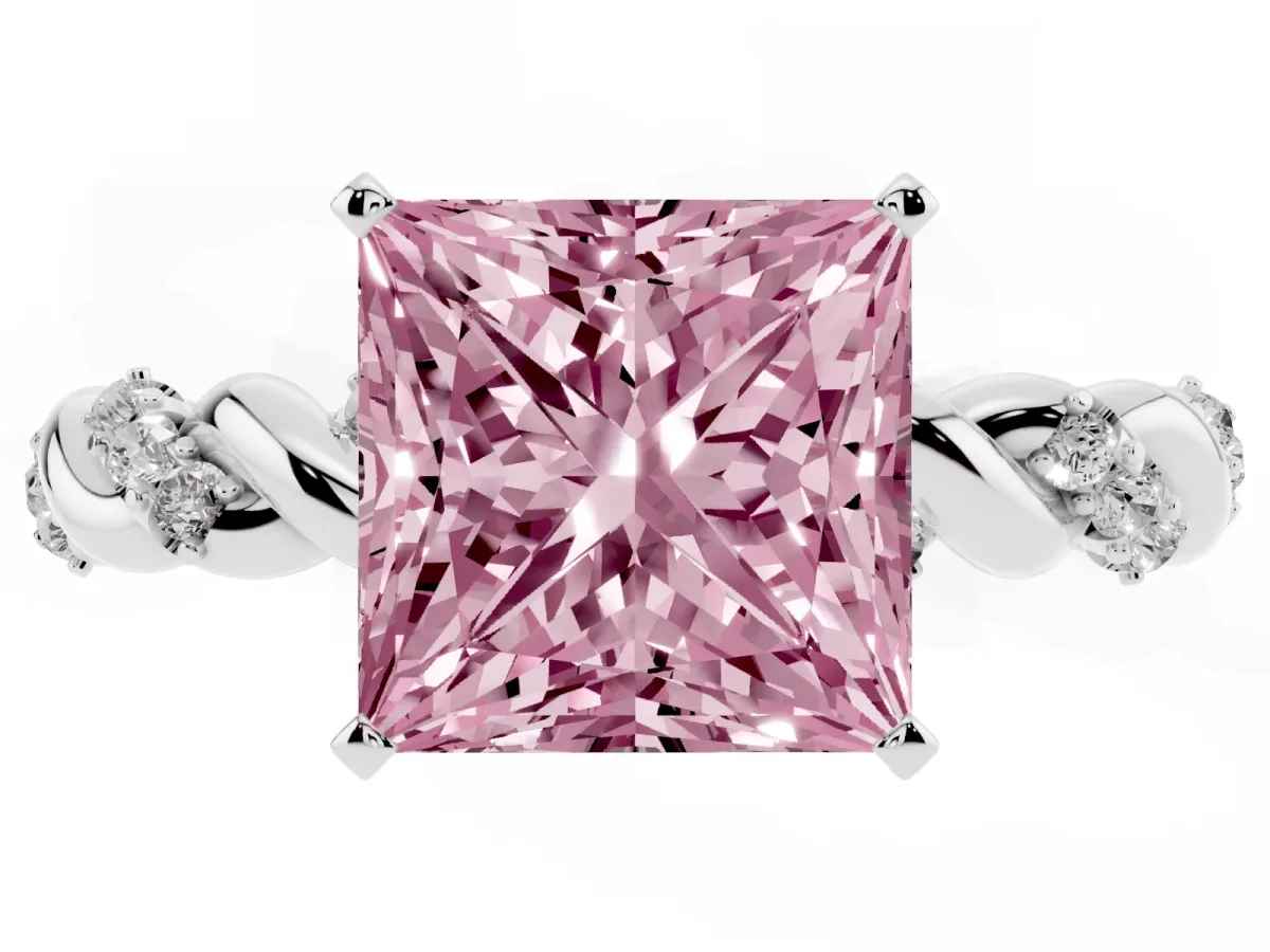 Fancy Pink Princess Cut Diamond Solitaire Ring with Twisted Band and Pavé Accents Silver