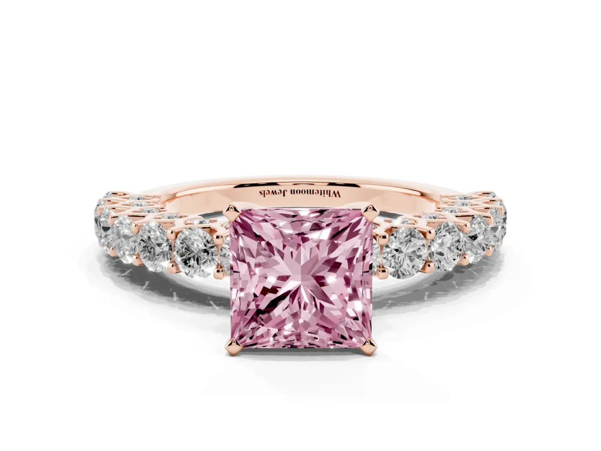Fancy Pink Princess Cut Diamond Solitaire Ring with Shared Prong Pavé Band and Four-Prong Setting Rose gold