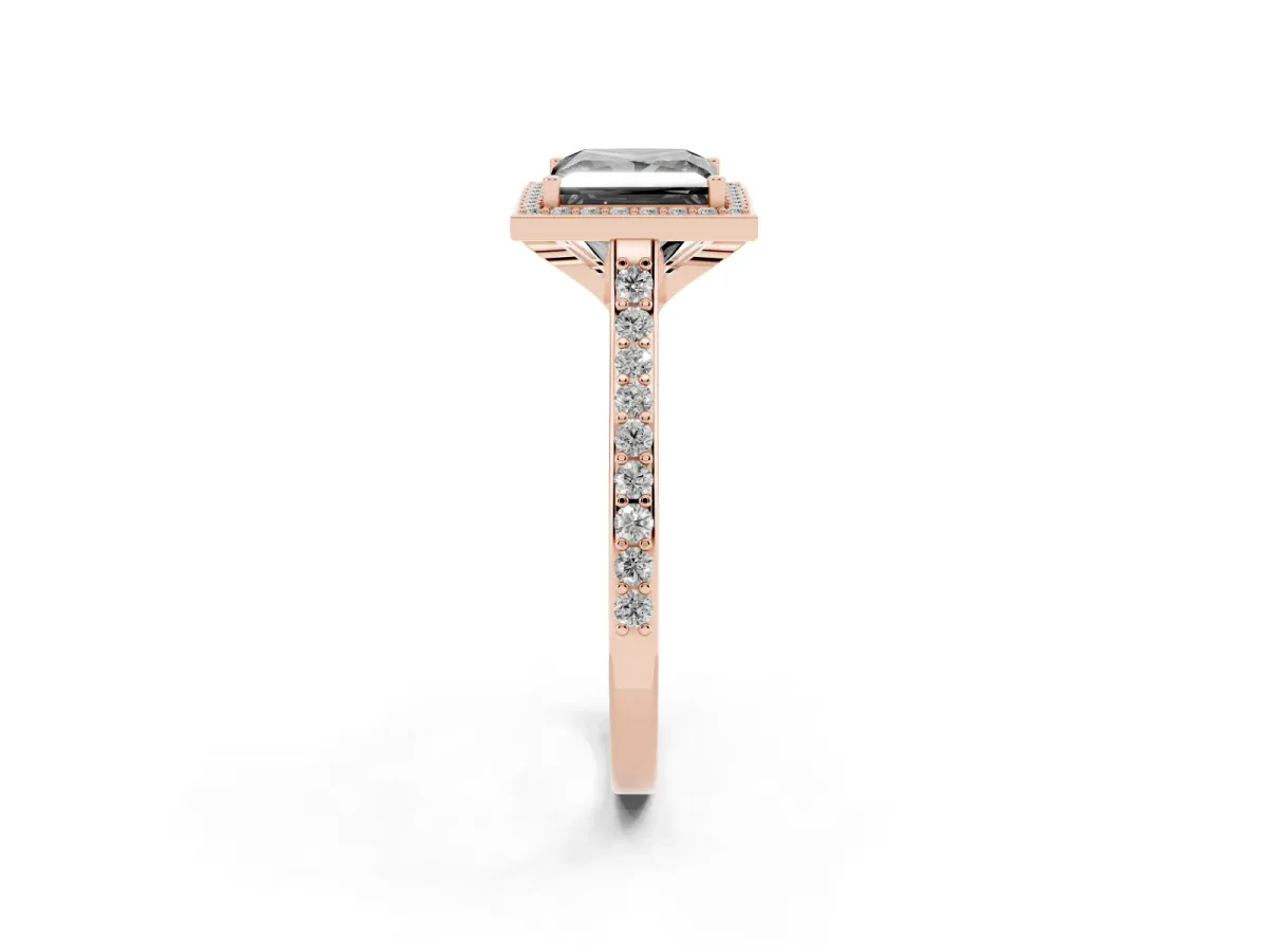 Fancy Black Princess Cut Diamond Halo Engagement Ring with Round Pavé Shoulders and Prong Setting Rose gold
