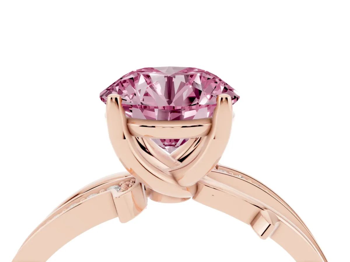 Fancy Pink Round Cut Solitaire Twist Band with Pavé Accents and Four-Prong Setting Rose gold