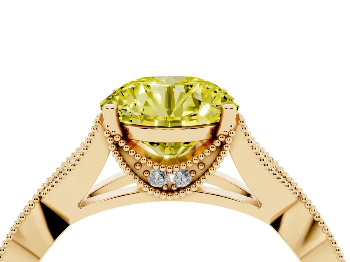 Fancy Yellow Round Cut Cut Diamond Twisted Band with Milgrain Pave Setting and Four-Prong Setting Yellow gold