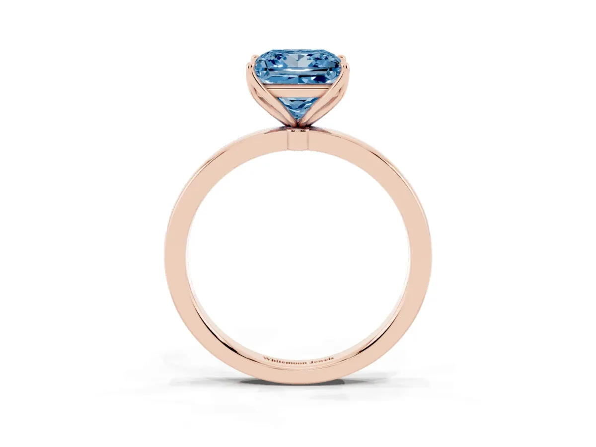 Fancy Blue Princess Cut Diamond Solitaire Ring with Thin Band and Prong Setting Rose gold