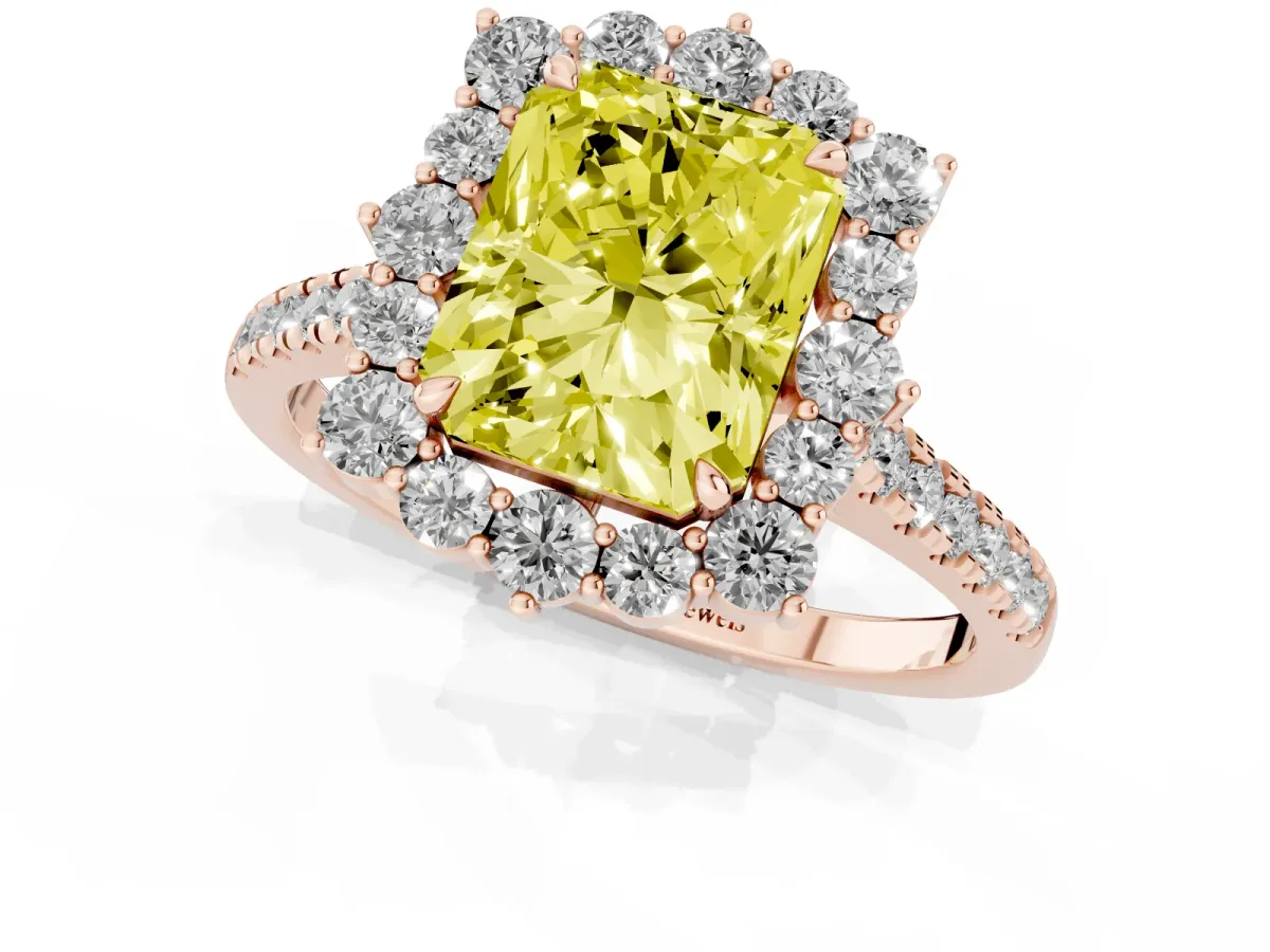 Fancy Yellow Radiant Cut Halo Diamond Ring with Pavé Band and Prong Setting Rose gold