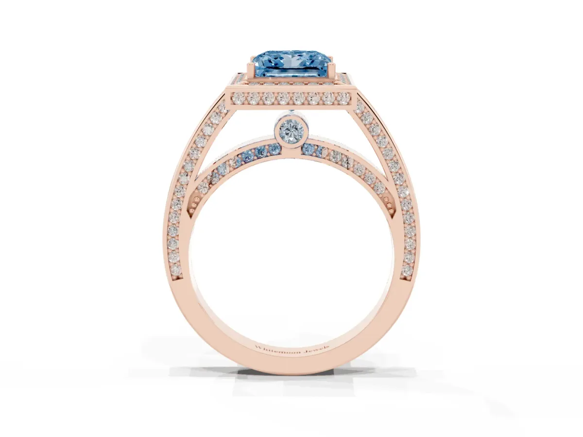 Fancy Blue Princess Cut Cut Halo Pave Split Shank Prong Setting Ring Rose gold