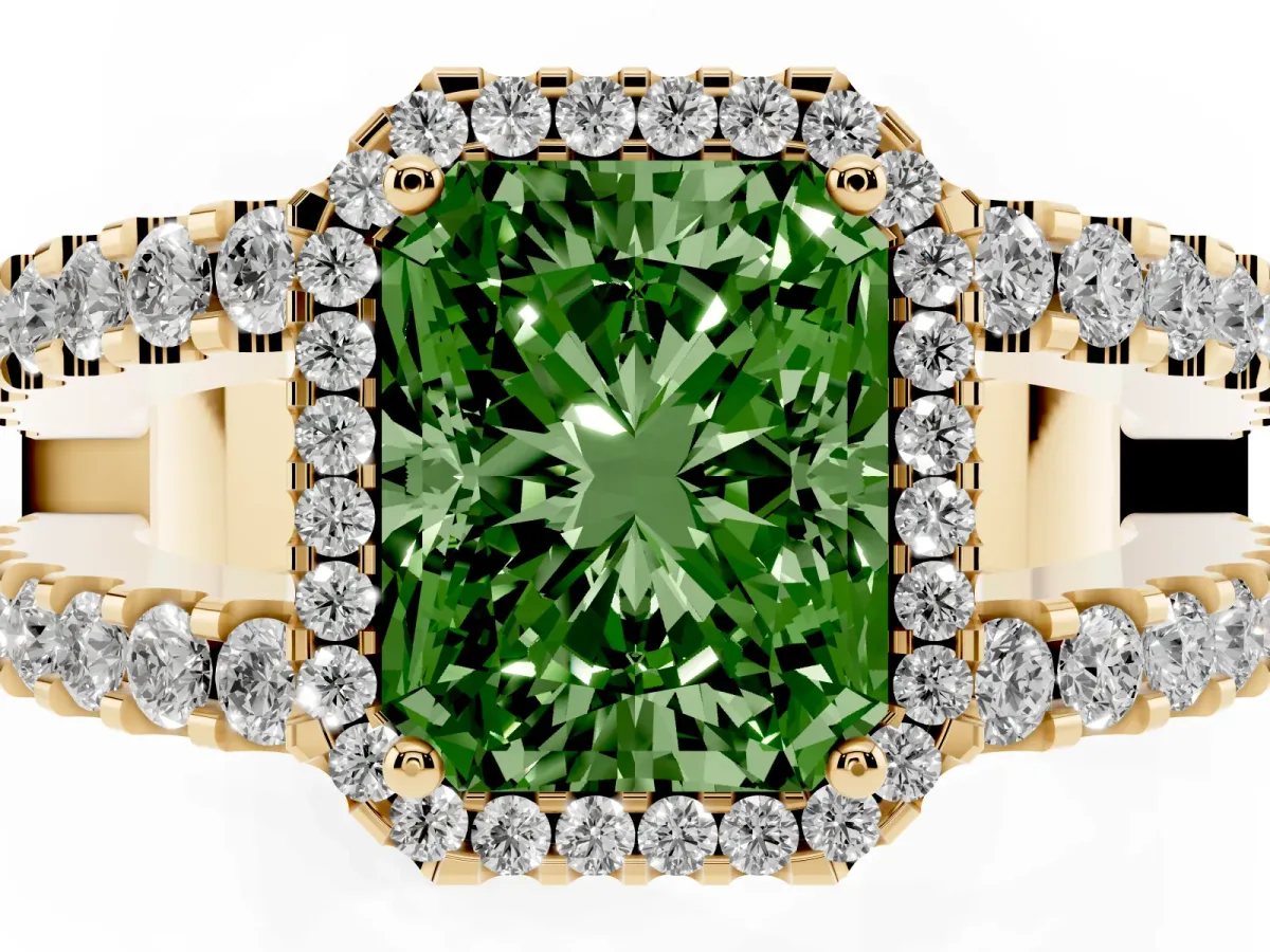 Fancy Green Radiant Cut Cut Halo Split Shank Diamond Ring with Four-Prong Setting Yellow gold