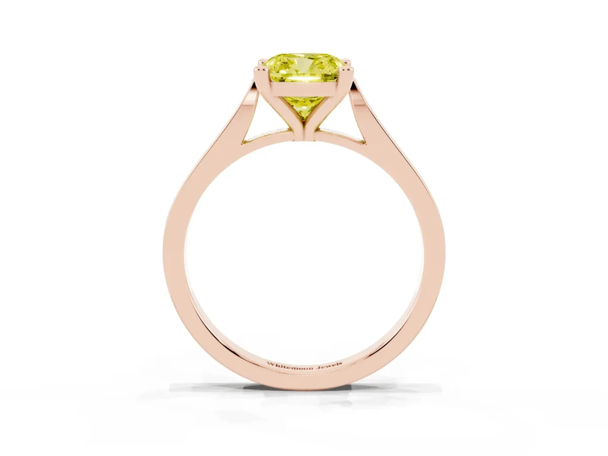 Fancy Yellow Cushion Cut Solitaire Diamond Ring with Four-Prong Setting and Tapered Band Rose gold