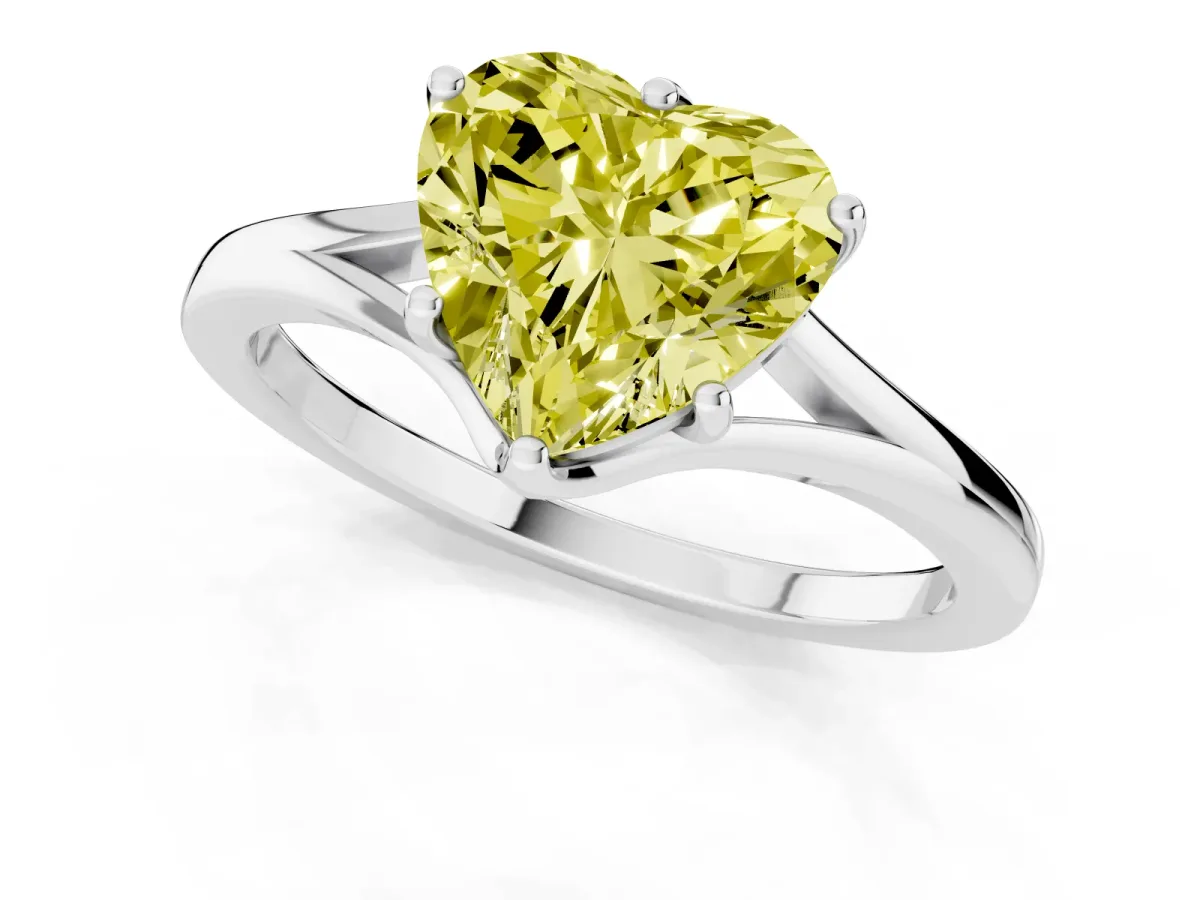 Fancy Yellow Heart Cut Solitaire Diamond Ring with Six-Prong Setting and Tapered Band Silver