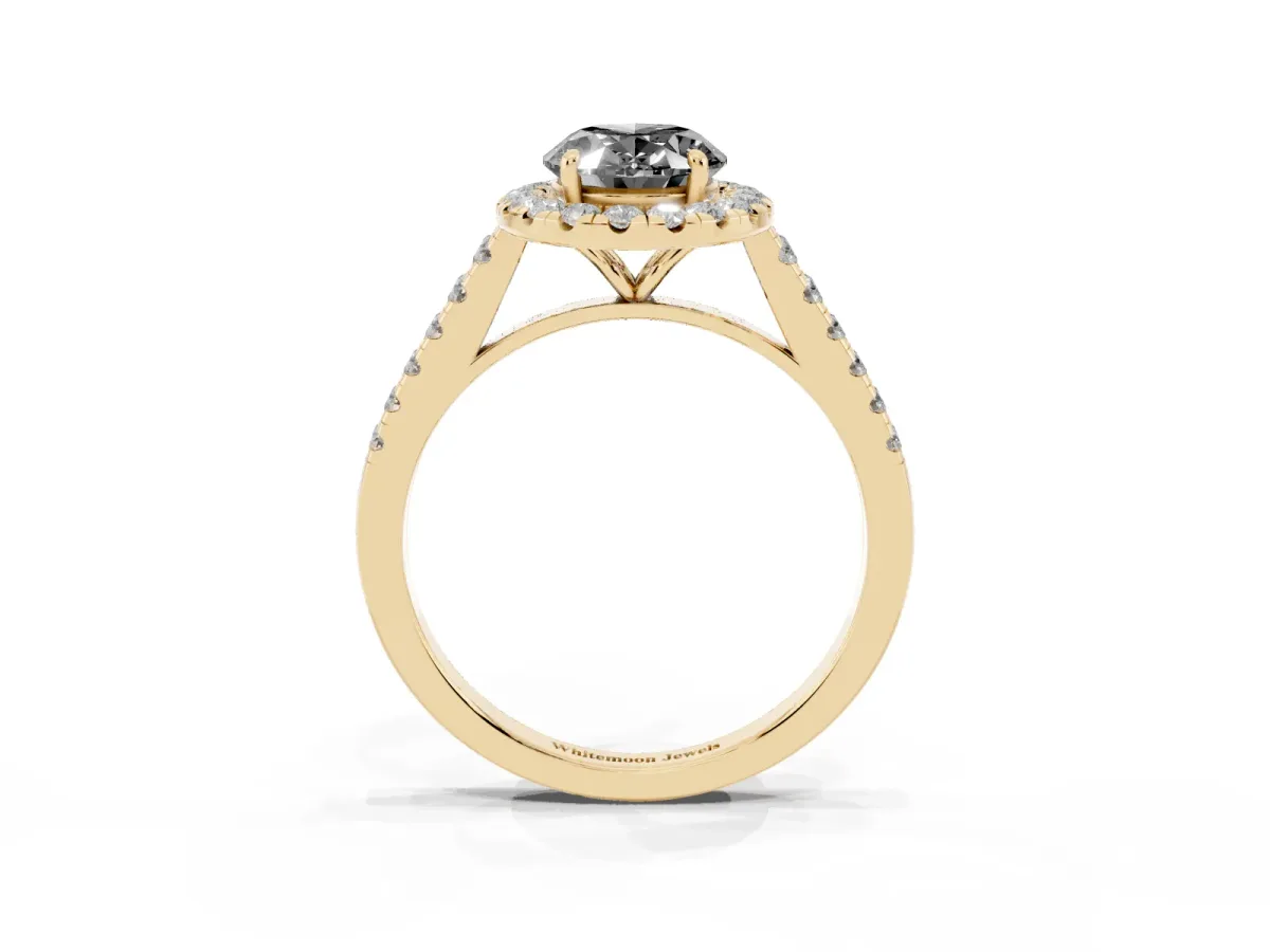 Fancy Black Oval Cut Halo Pave Diamond Engagement Ring with Four-Prong Setting Yellow gold