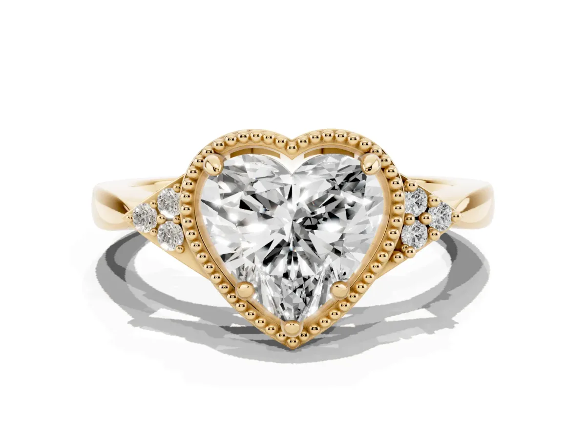 Hexagonal Halo Heart Cut Diamond Solitaire with Pavé Band and Four-Prong Setting Yellow gold