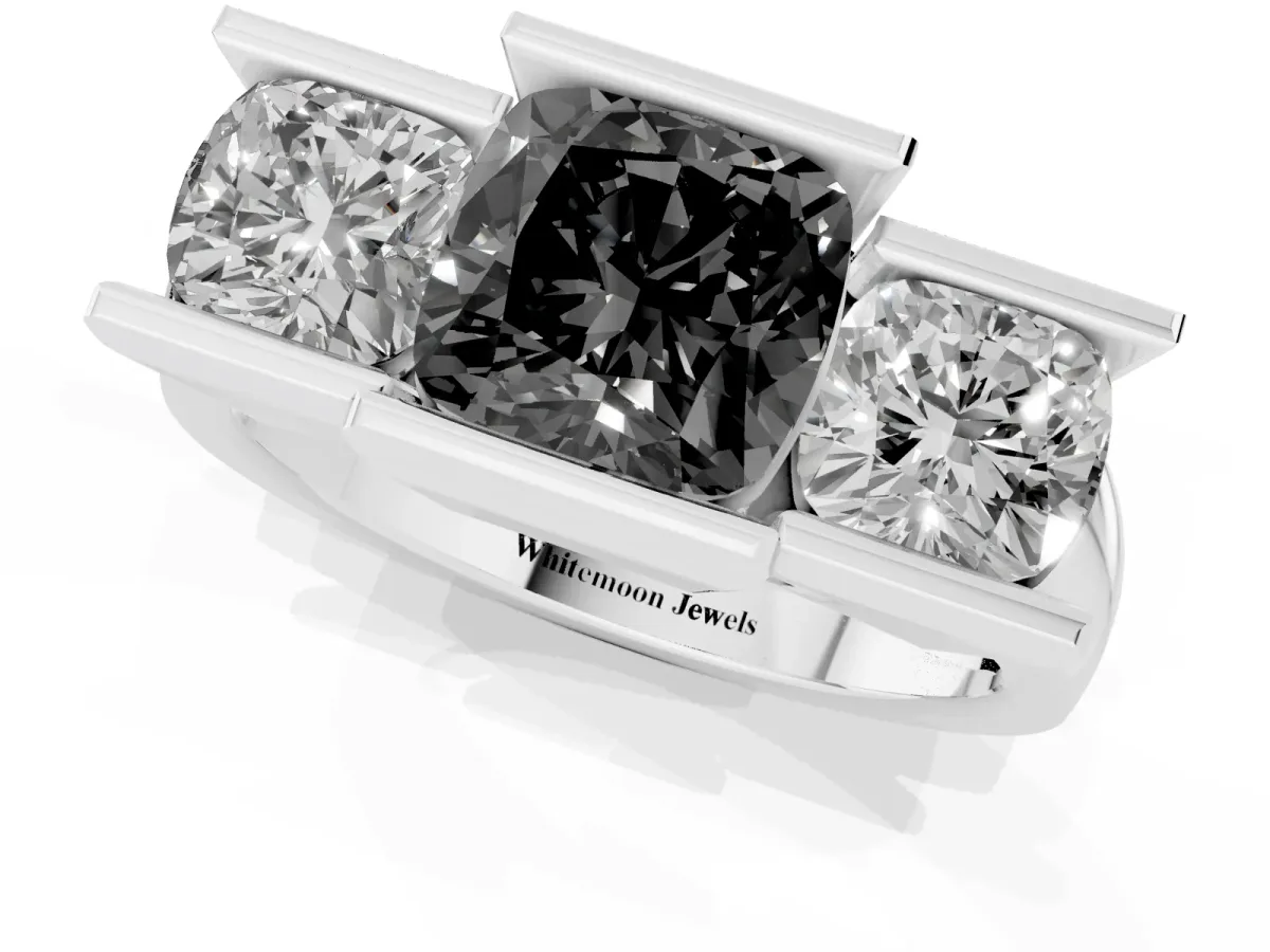 Fancy Black Three Stone Cushion Cut Cut Channel Set Diamond Ring Platinum