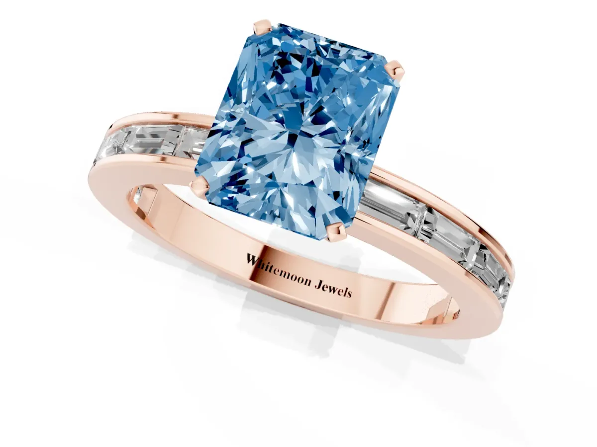 Fancy Blue Radiant Cut Solitaire Diamond Ring with Channel-Set Baguette Band and Four-Prong Setting Rose gold