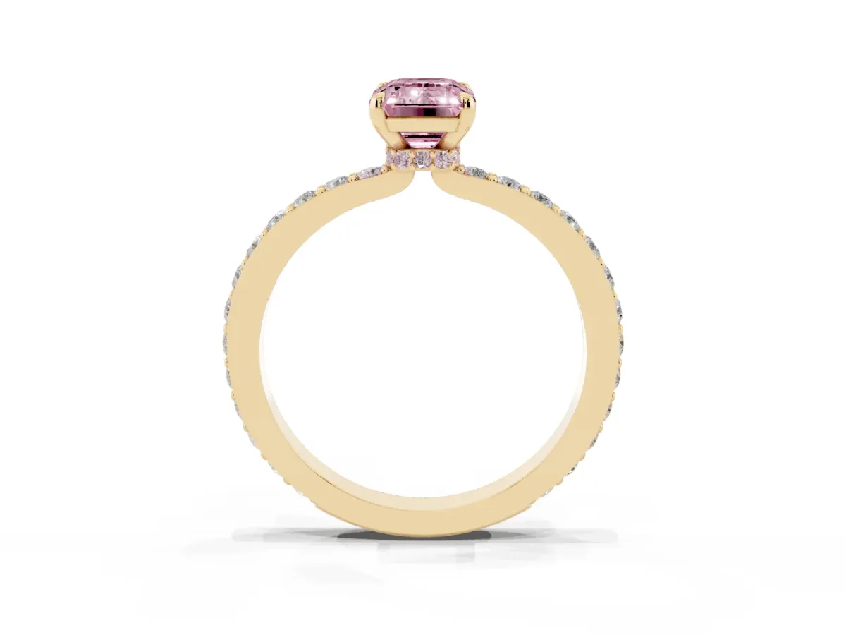 Fancy Pink Emerald Cut Diamond Solitaire Engagement Ring with Pavé Band and Four-Prong Setting Yellow gold