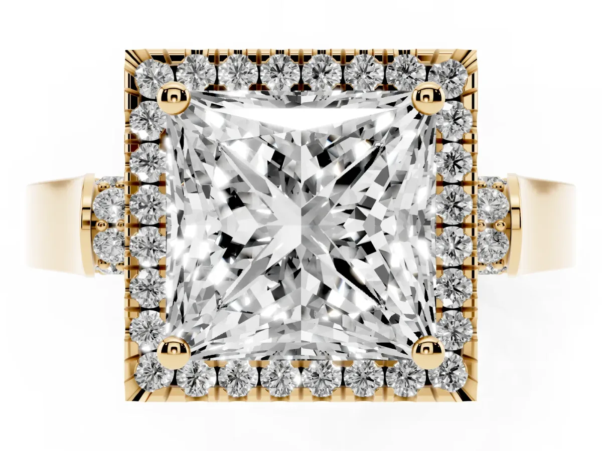 Princess Cut Halo Round Diamond Twist Band with Four-Prong Setting Yellow gold