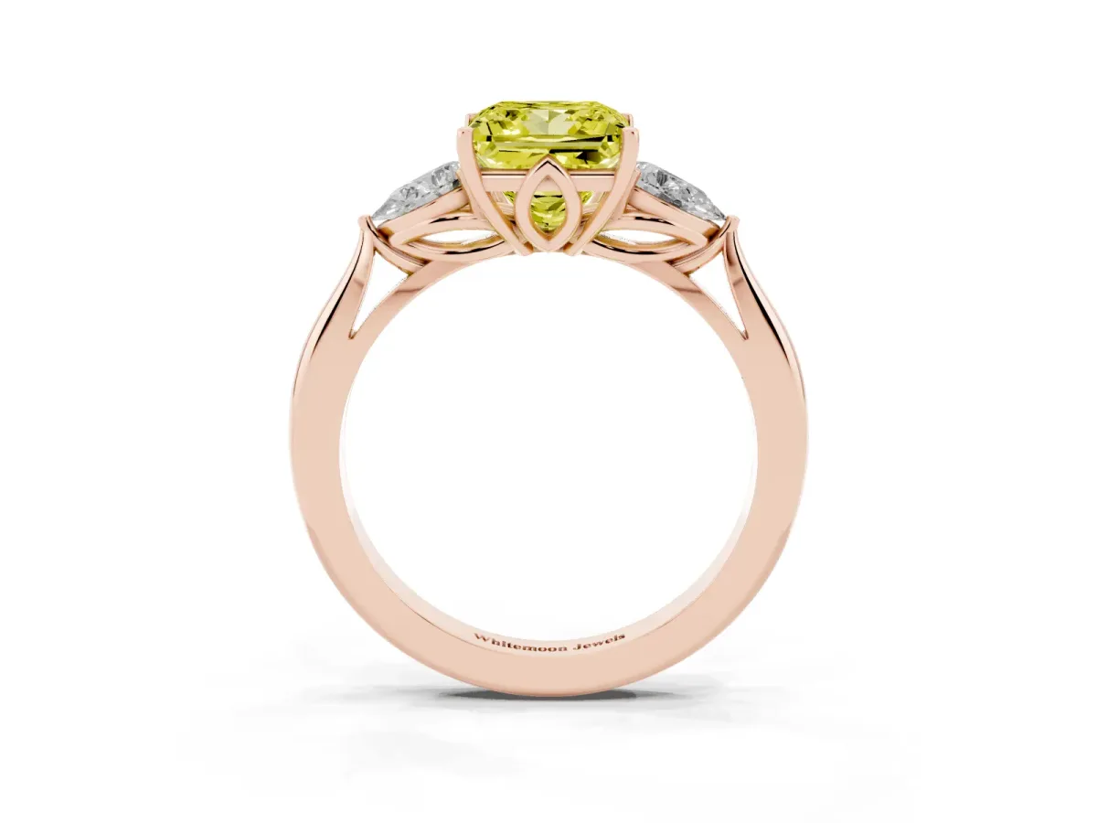 Fancy Yellow Three-Stone Princess Cut Brilliant Diamond Solitaire Ring with Tapered Band and Four-Prong Setting Rose gold