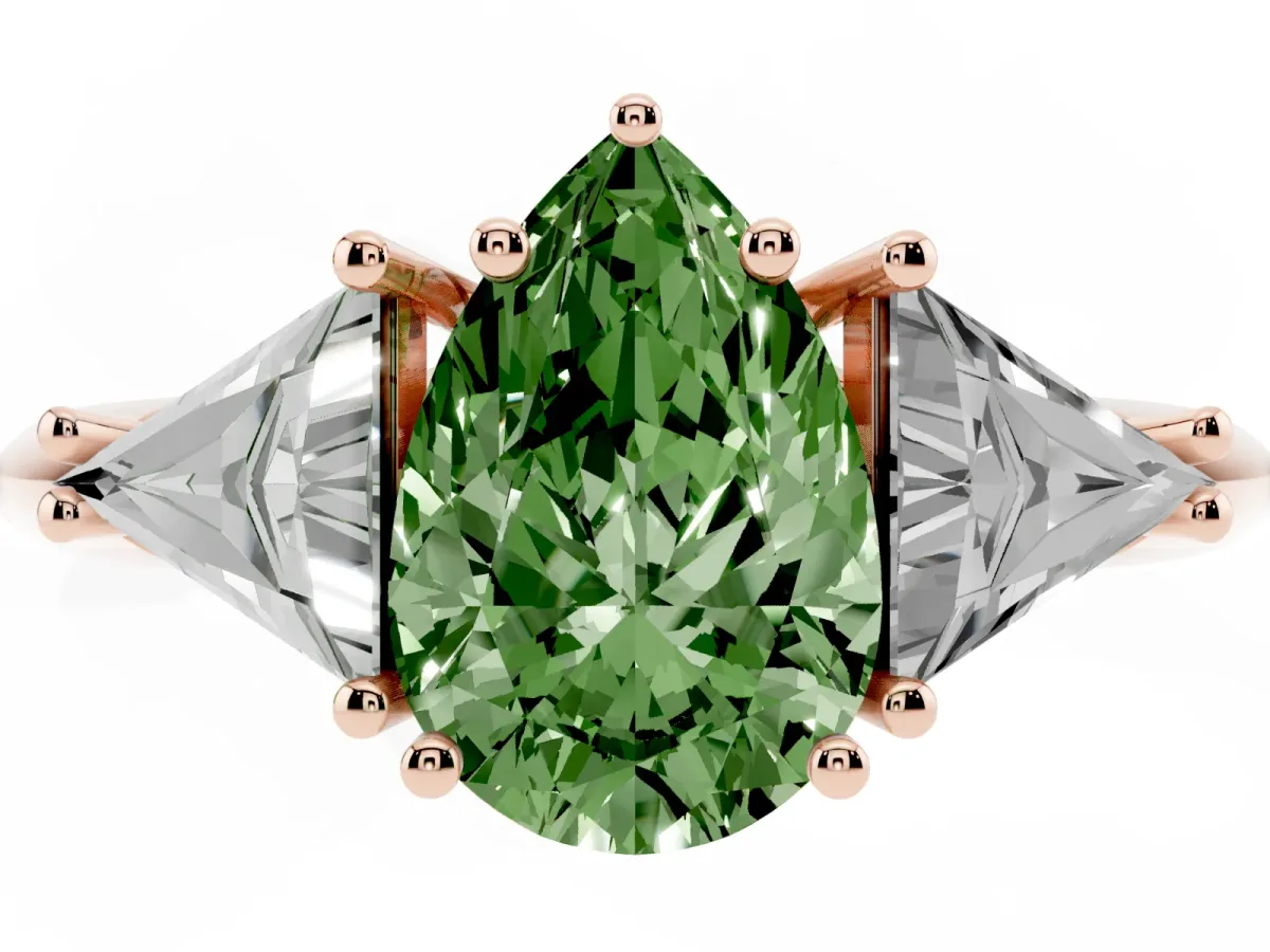 Fancy Green Three-Stone Pear Cut Diamond Engagement Ring with Trillion Side Stones and Prong Setting Rose gold
