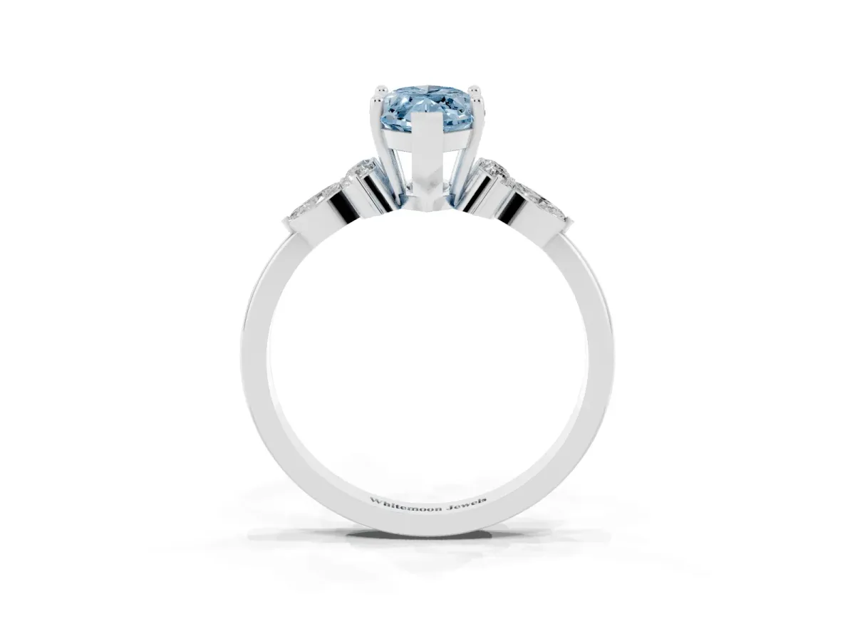 Fancy Blue Marquise Cut Brilliant Diamond Solitaire Ring with Pear Side Stones and Four-Prong Setting Silver