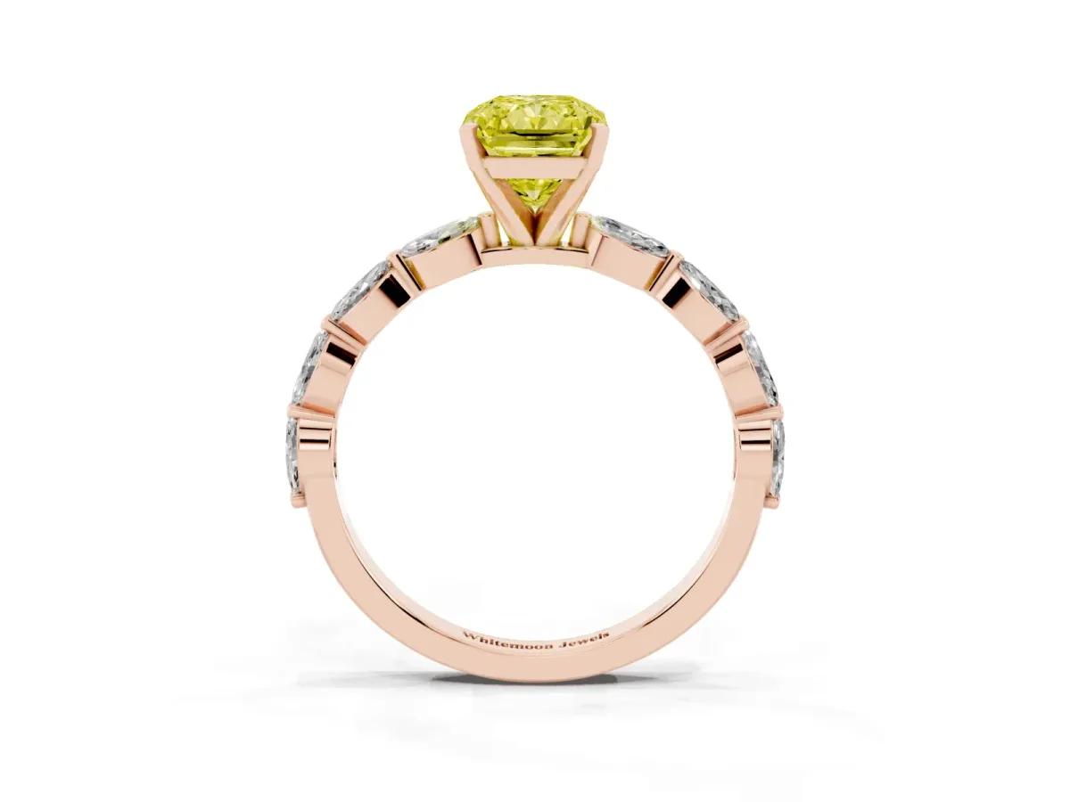 Fancy Yellow Radiant Cut Diamond Ring with Marquise Side Stones and Prong Setting Rose gold