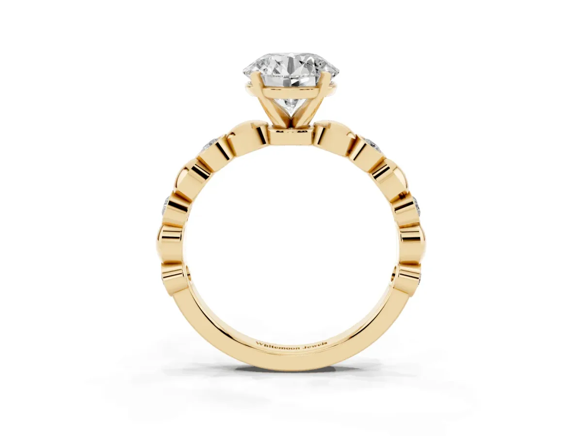 Round Cut Solitaire Bezel-Set Diamond Ring with Beaded Band and Four-Prong Setting Yellow gold