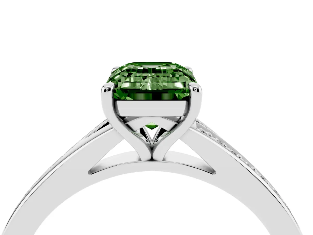 Fancy Green Emerald Cut Diamond Solitaire Ring with Pavé Band and Prong Setting Silver