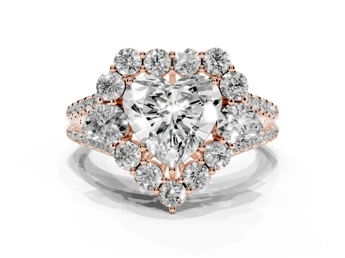 Heart Cut Halo Split Shank Diamond Engagement Ring with Prong Setting Rose gold