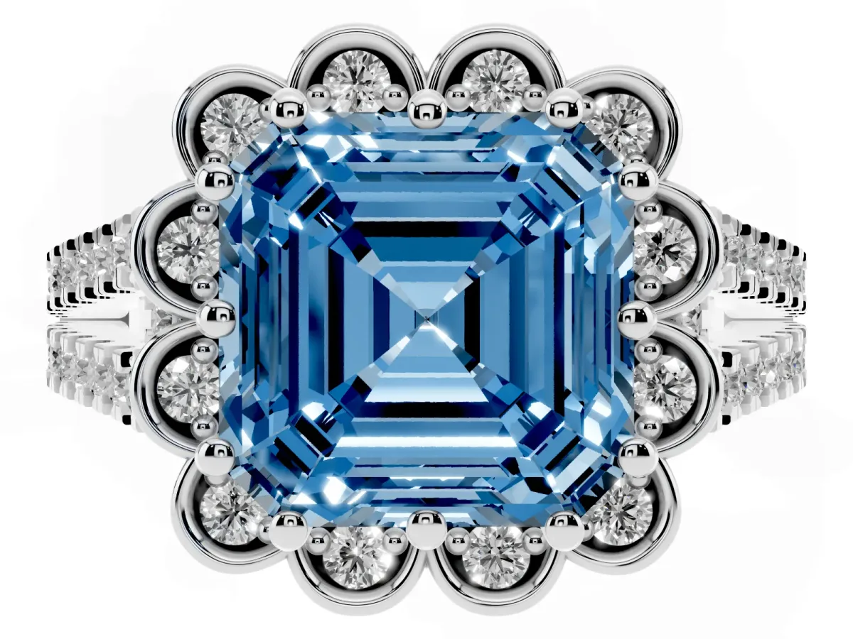 Fancy Blue Asscher Cut Halo Diamond Floral Split Shank Engagement Ring Platinum
