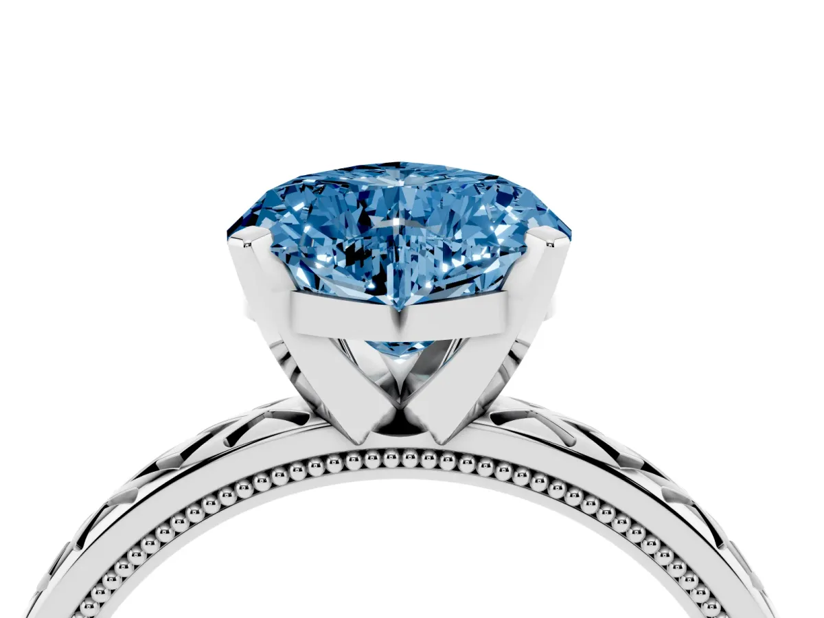 Fancy Blue Heart Cut Solitaire Diamond Ring with Milgrain and Black Enamel X Pattern Band Silver