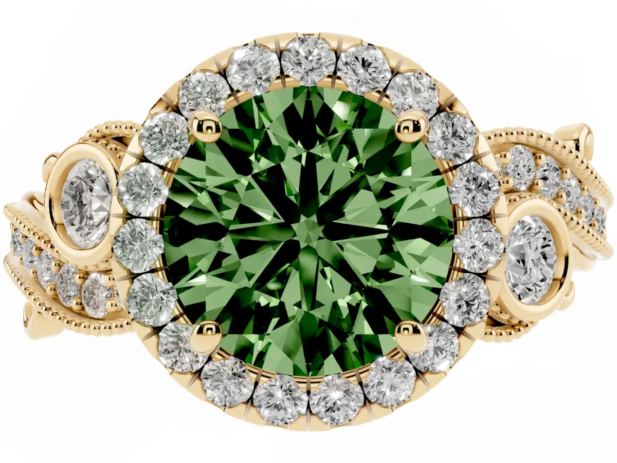Fancy Green Round Cut Diamond Halo Ring with Milgrain Pavé Band and Four-Prong Setting Yellow gold