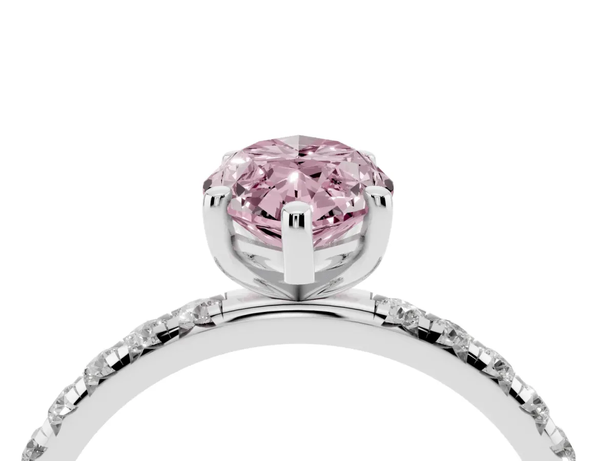 Fancy Pink Marquise Cut Cut Diamond Solitaire Ring with Micro Pave Band and Four Prong Setting Silver