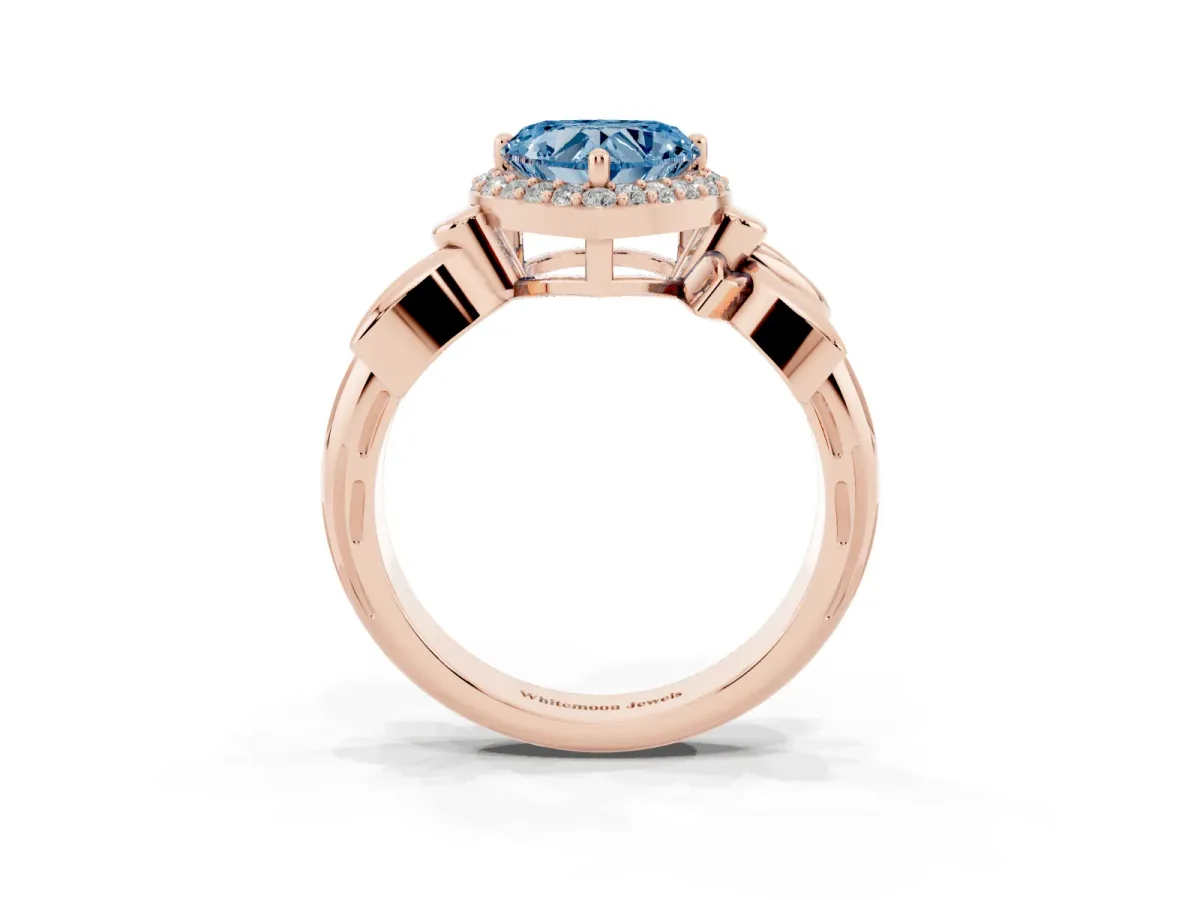 Fancy Blue Heart Cut Halo Diamond Floral Band with Four-Prong Setting Rose gold
