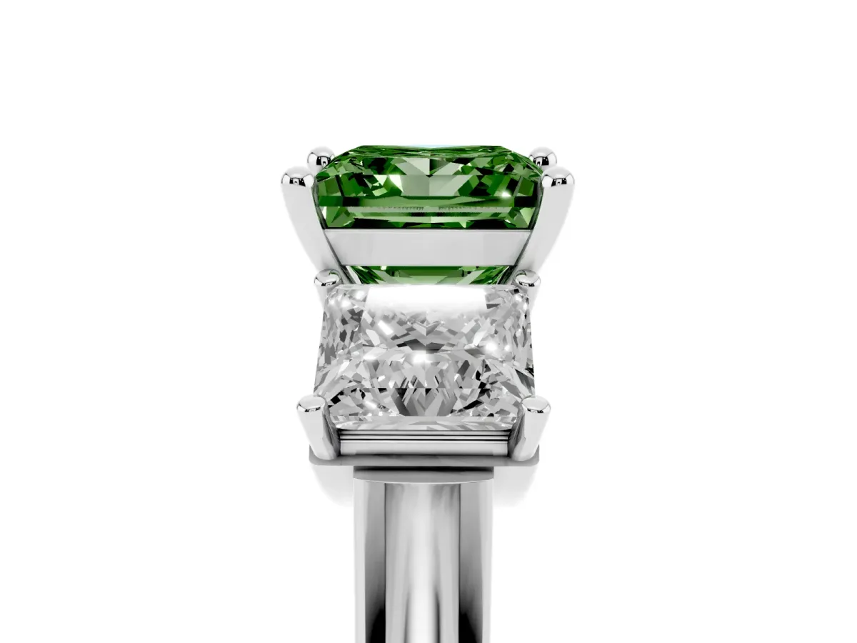 Fancy Green Three-Stone Princess Cut Brilliant Diamond Trellis Ring with Comfort Fit Band White gold