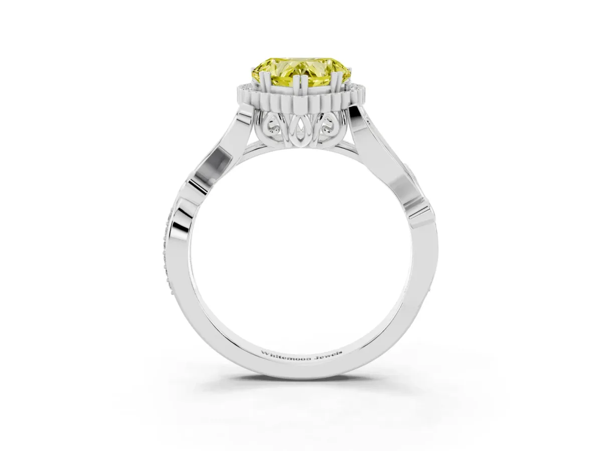 Fancy Yellow Heart Cut Diamond Halo Ring with Vintage Split Shank and Four-Prong Setting Silver